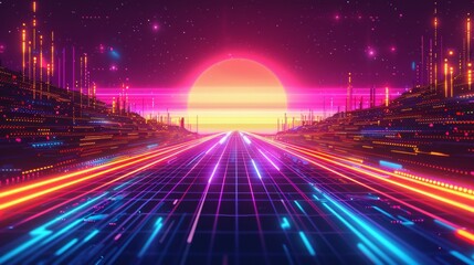 Fototapeta premium Retro Futuristic Neon Grid with Digital Sunset