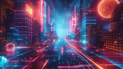 Fototapeta premium Futuristic Neon Cityscape with Digital Grid
