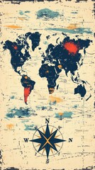 Naklejka premium Vintage World Map Poster with Compass - Antique Travel Art