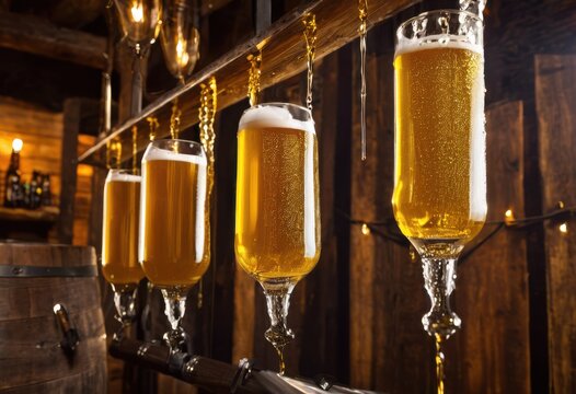 intriguing close beer siphoning process capturing glasses perfectly lit craft beer scene, amber, ale, artisan, bubbles, beverage, bottle, brewing, brew
