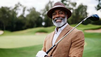 Mature black man smiling confidently on a golf course while preparing to swing his club during a sunny afternoon
