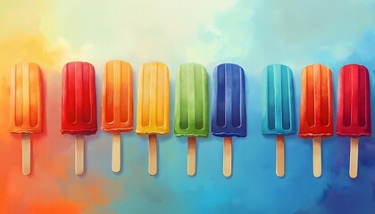 Colorful popsicles lined up on a multicolored background