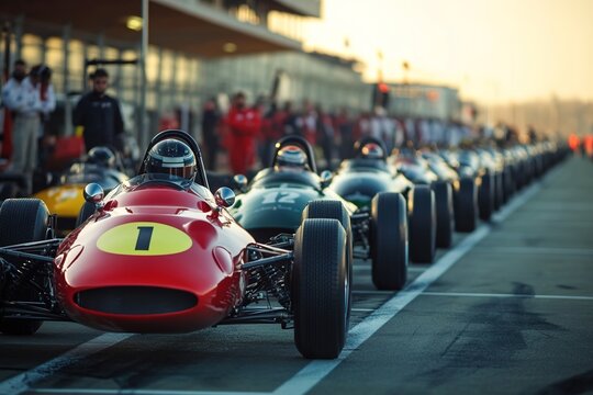 Fototapeta Vintage racing cars lined up at start on track