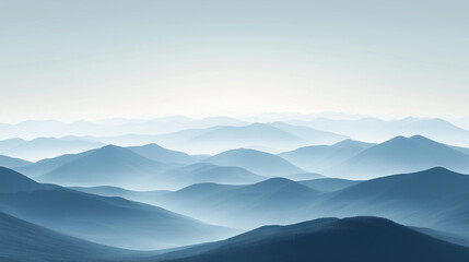 Fototapeta premium Serene landscape of layered blue mountains at dawn, with soft mist filling the valleys and creating a peaceful and tranquil atmosphere 