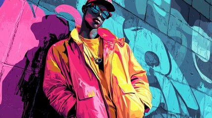 Fototapeta premium Urban Street Style Portrait of Cool Young Man in Vibrant Graffiti Alley