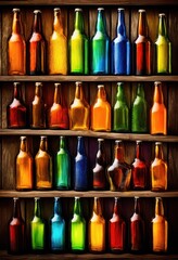vibrant collection colorful beer bottles displayed rustic wooden background creating eye catching visual composition, ale, lager, craft, beverage, container