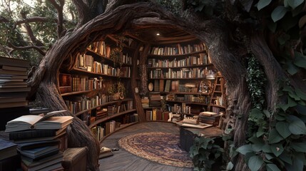 Whimsical hollow tree library with curved bookshelves, cozy reading nook, and magical forest ambiance, perfect for book lovers and fantasy enthusiasts