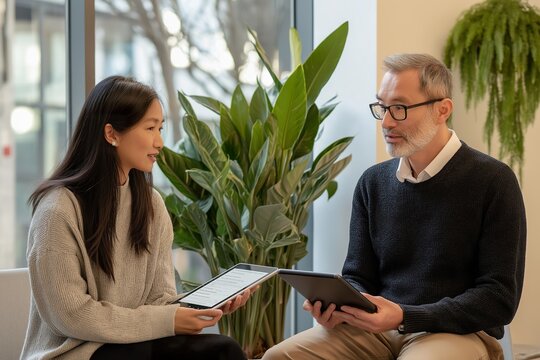 Dietitian providing personalized dietary advice to a patient in a modern health clinic during a consultation session