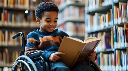 Child Enjoying Reading Book Library Wheelchair Education Imagination Growth Learning Adventure Literacy