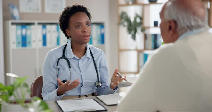 Black woman, doctor and explain documents for legal paperwork, consent forms or health insurance for surgery. People, consulting and medical administration for elderly care, agreement or contract