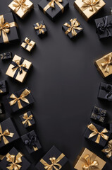 Black gift boxes with gold ribbons arranged on a deep black background.