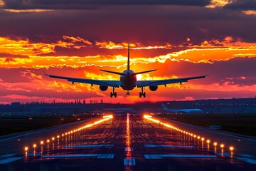 Commercial jet taking off against a vibrant sunset at a busy airport, showcasing the dramatic colors of evening skies