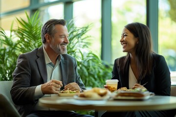 Two colleagues enjoying a friendly lunch together at a modern office cafeteria, exchanging smiles and sharing stories on a sunny afternoon
