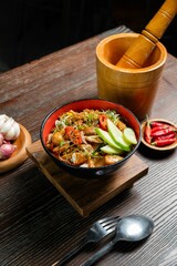 Rice bowl spicy asian food with varian topping