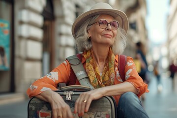 Senior woman resting on a city street with a modern suitcase and stylish attire during a sunny afternoon outing