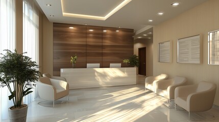 Modern reception area with minimalist design and natural light in a contemporary office setting