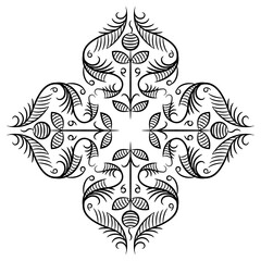 Geometrical cross shape ornament with stylized blooming branches. Medieval floral motives. Black linear silhouette on white background.