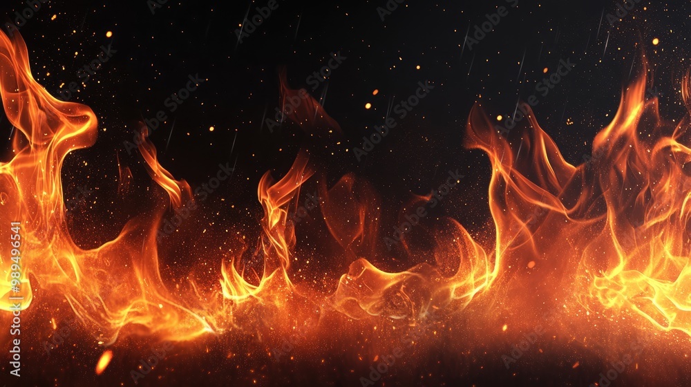 Wall mural dynamic horizontal graphic banner featuring intense flames against a black backdrop