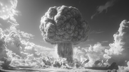 Black and white depiction of a nuclear explosion featuring a mushroom cloud and a radioactive atmosphere