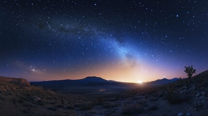 Panorama of a starry night sky illuminated by zodiacal light