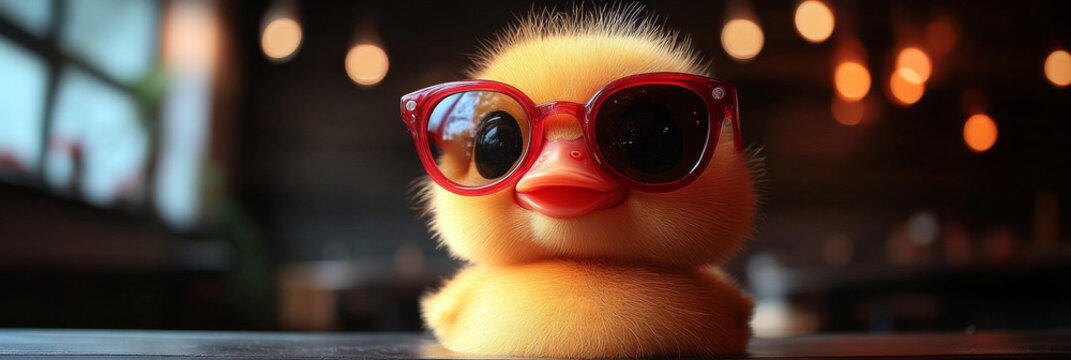 A cute yellow duckling wearing red sunglasses.