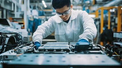 Precision Engineering Technician Assembling Complex Battery Systems in High-Tech Industrial Environment
