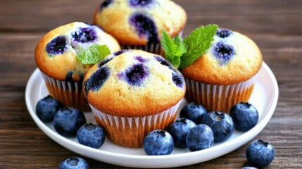 Delicious blueberry muffins garnished with fresh berries and mint on a rustic plate in natural light