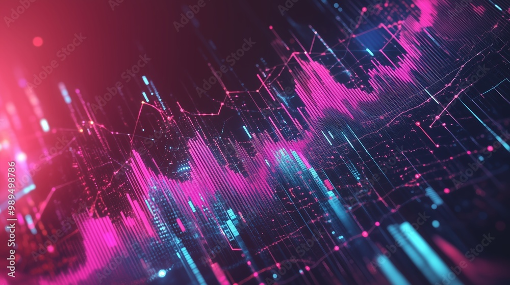 Poster abstract digital visualization of trading data and analytics patterns illuminated in vibrant pink an