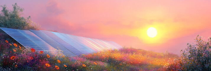 Solar panels in a field of flowers at sunset.