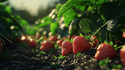 A close-up of dewy strawberries bathed in soft morning light, growing in a thriving garden, exemplifies nature's pure and fresh allure.