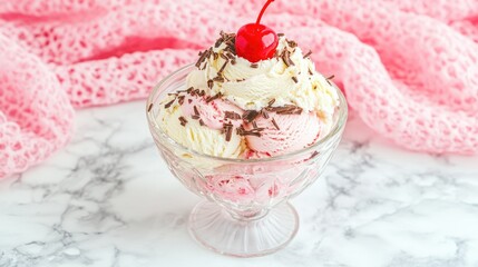 Fototapeta premium Delightful ice cream sundae with chocolate fudge, whipped cream, and cherry on top, served in a glass bowl against a soft backdrop