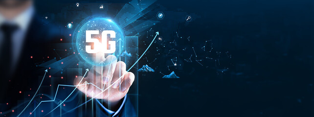 5G Technology: High-speed connectivity, low latency, Businessman touch and analysis data strategy with graph real-time communication, network optimization, innovation.