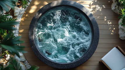 Overhead view of a bubbling hot tub set in a lush outdoor environment, exuding a sense of tropical relaxation and luxury.