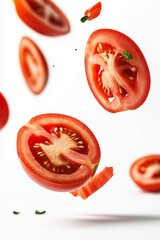 Falling red tomato slice isolated on white background. Sliced tomato flying in the air