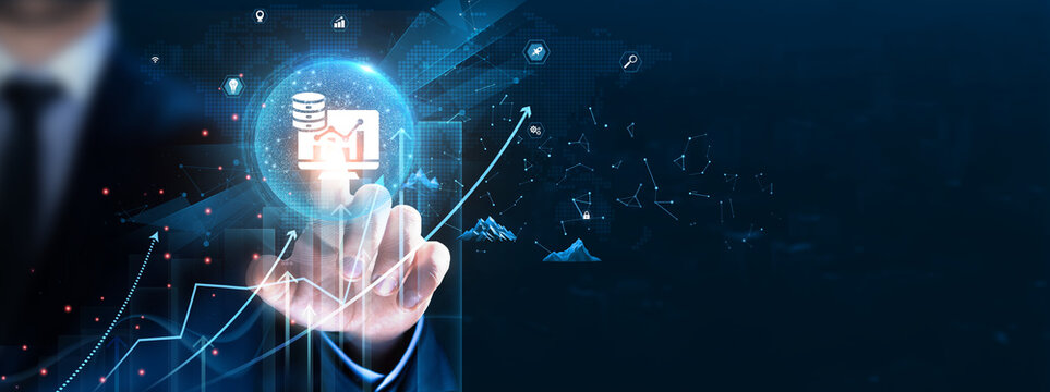 Big Data: Data analytics, predictive modeling, Businessman touch and analysis data strategy with graph real-time insights, data mining, machine learning, scalability.