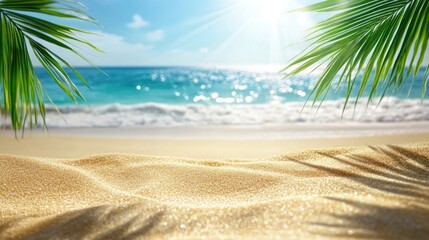 Tropical beach scene featuring golden sand sun rays and palm leaves Close up of the sea and blue sky offering ample copy space for summer vacation themes
