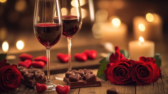 A romantic ambiance with red wine chocolate hearts and roses perfect for celebrations and intimate moments