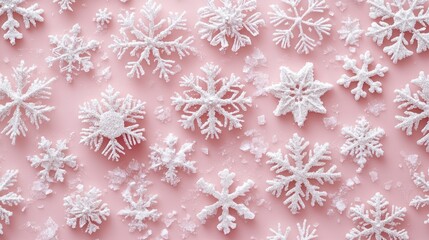 White glittery snowflakes arranged on a soft pink backdrop