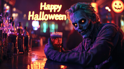 Fototapeta premium Spooky zombie drinks cocktail in bar, portrait of scary living dead man in cafe on Halloween. Theme of party, neon sign, horror, restaurant.