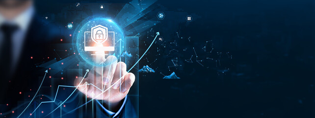 Cybersecurity: Data protection, risk management, Businessman touch and analyze data strategy with...