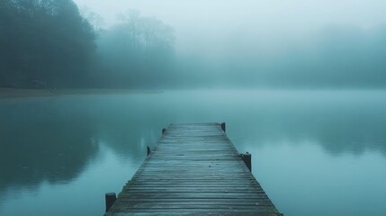 Misty lake view featuring a wooden dock reaching out into the serene water