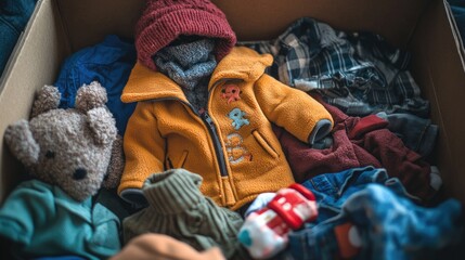 Children s clothing and toys in a box Thrifted apparel concept Emphasizing circular fashion donations and charitable initiatives