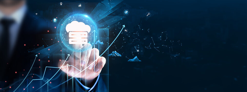 Hosting: Cloud infrastructure, server management, Businessman Touch and Analysis data strategy with graph performance optimization, uptime, scalability, security protocols.
