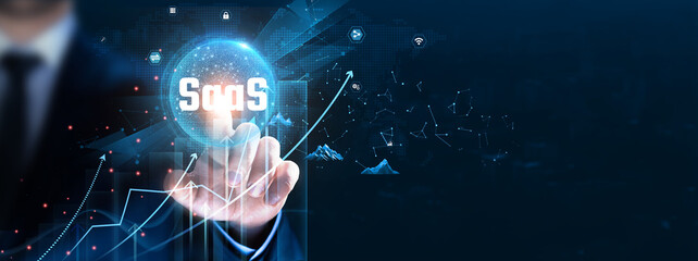 SaaS: Cloud computing, scalability, Businessman Touch and Analysis data strategy with graph...