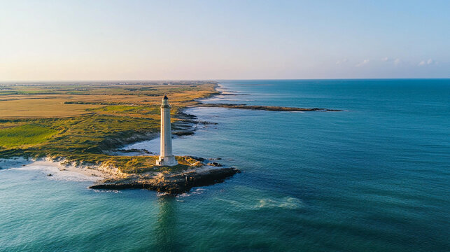 Aerial view of a serene coastline featuring a scenic lighthouse at sunset - Powered by Adobe