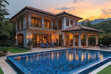 Fototapeta premium Luxurious villa overlooking the ocean at sunset with infinity pool