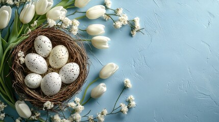 Easter decoration with white tulips and eggs nest on blue background