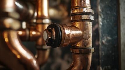 Detailed view of copper plumbing pipes showing joint fittings in a mechanical setting