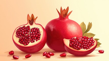 Pomegranate and sliced pomegranate illustration for food packaging design