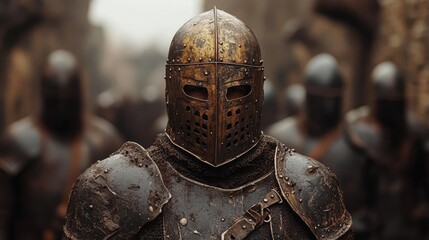 Medieval knight wearing helmet standing in front of troops